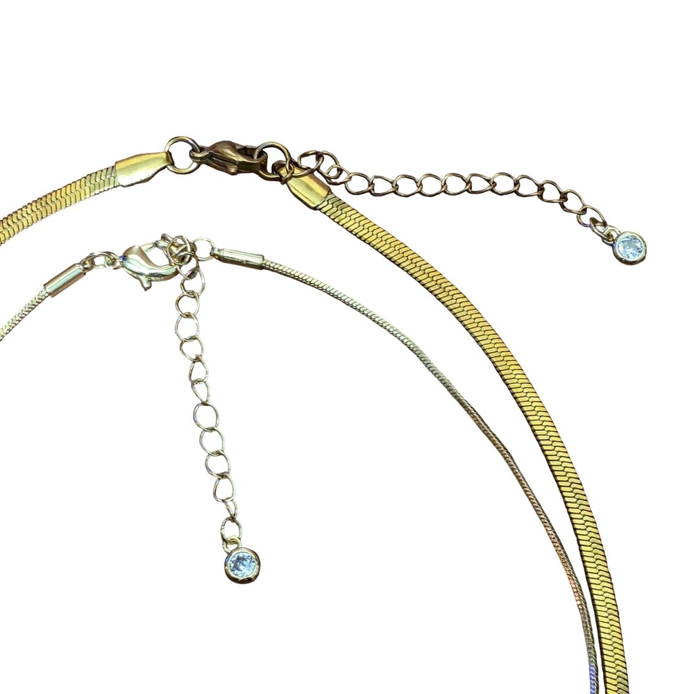 Gold Tone Layered Herringbone and Snake Chain Necklace Set with Stone Charm - Picture 4 of 5